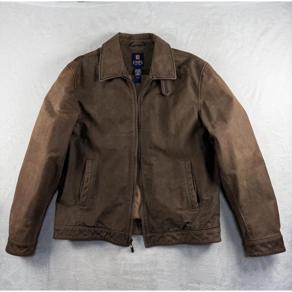 Chaps Leather Bomber Jacket Mens L Distressed Faded Throat Loop Collar Latch Zip